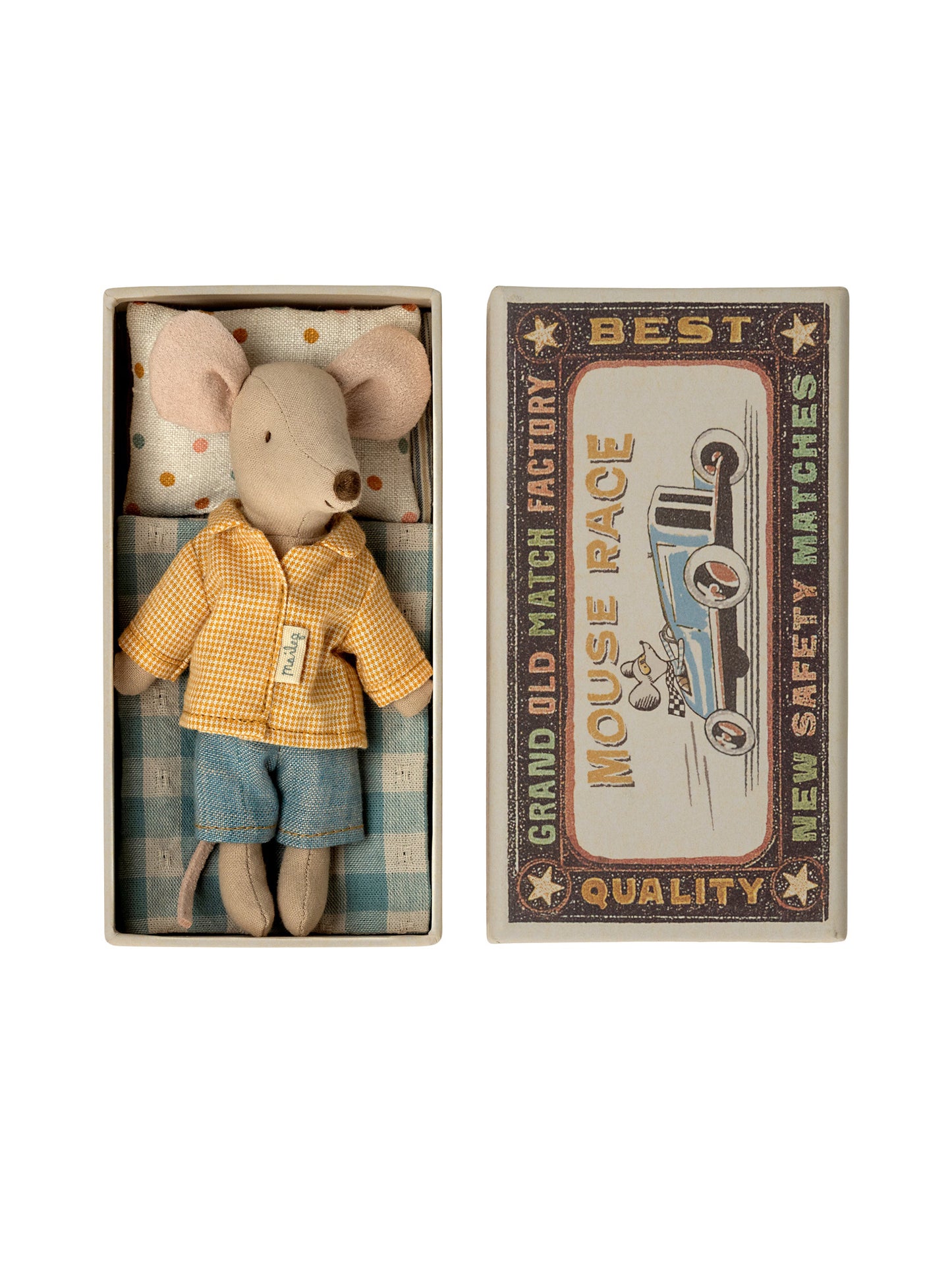 Maileg Big Brother Mouse in Matchbox Yellow Jacket Weston Table