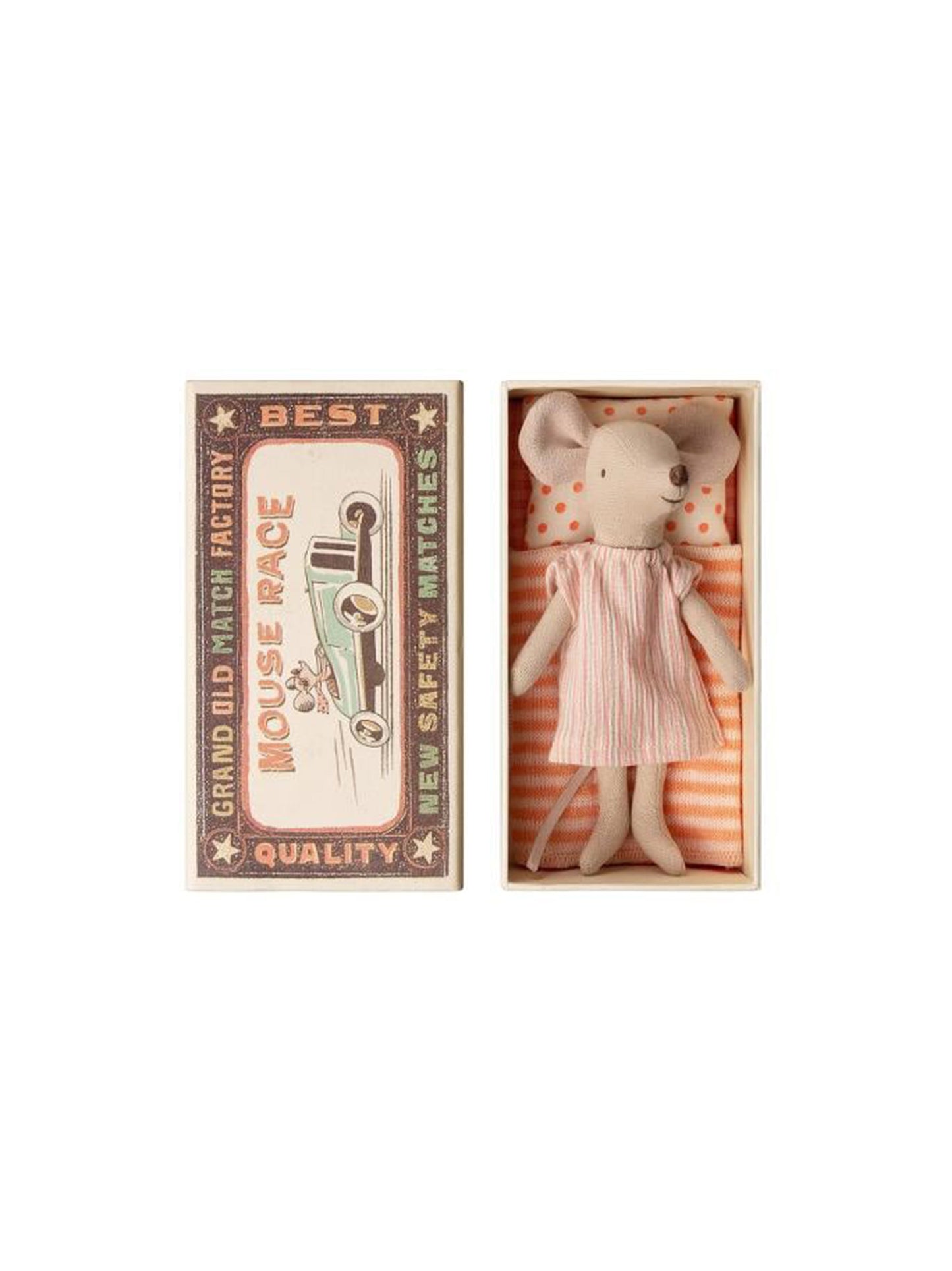 Maileg Big Sister Mouse in Matchbox Pink Striped Dress Weston Table