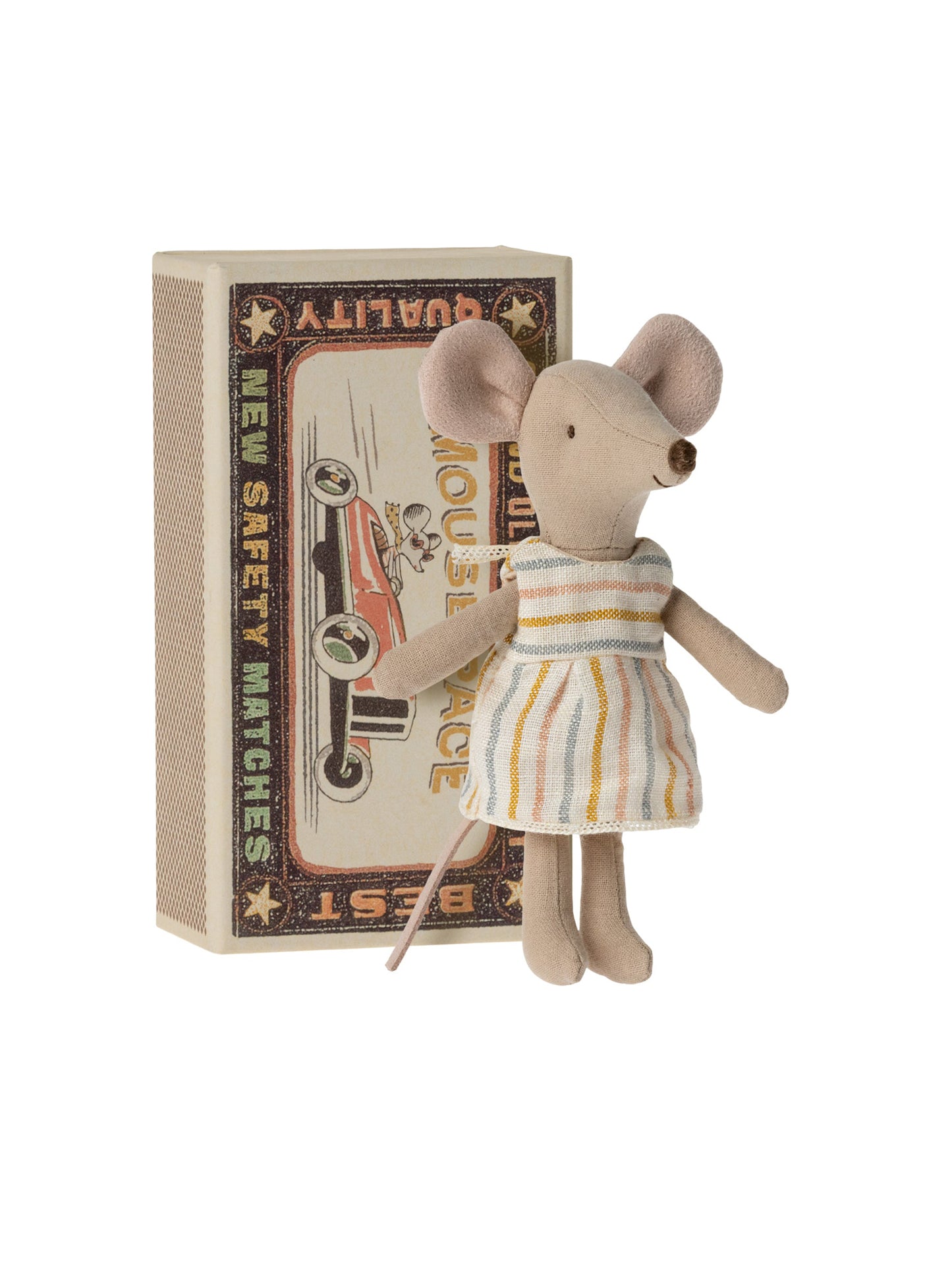 Maileg Big Sister Mouse in Matchbox Striped Dress Weston Table