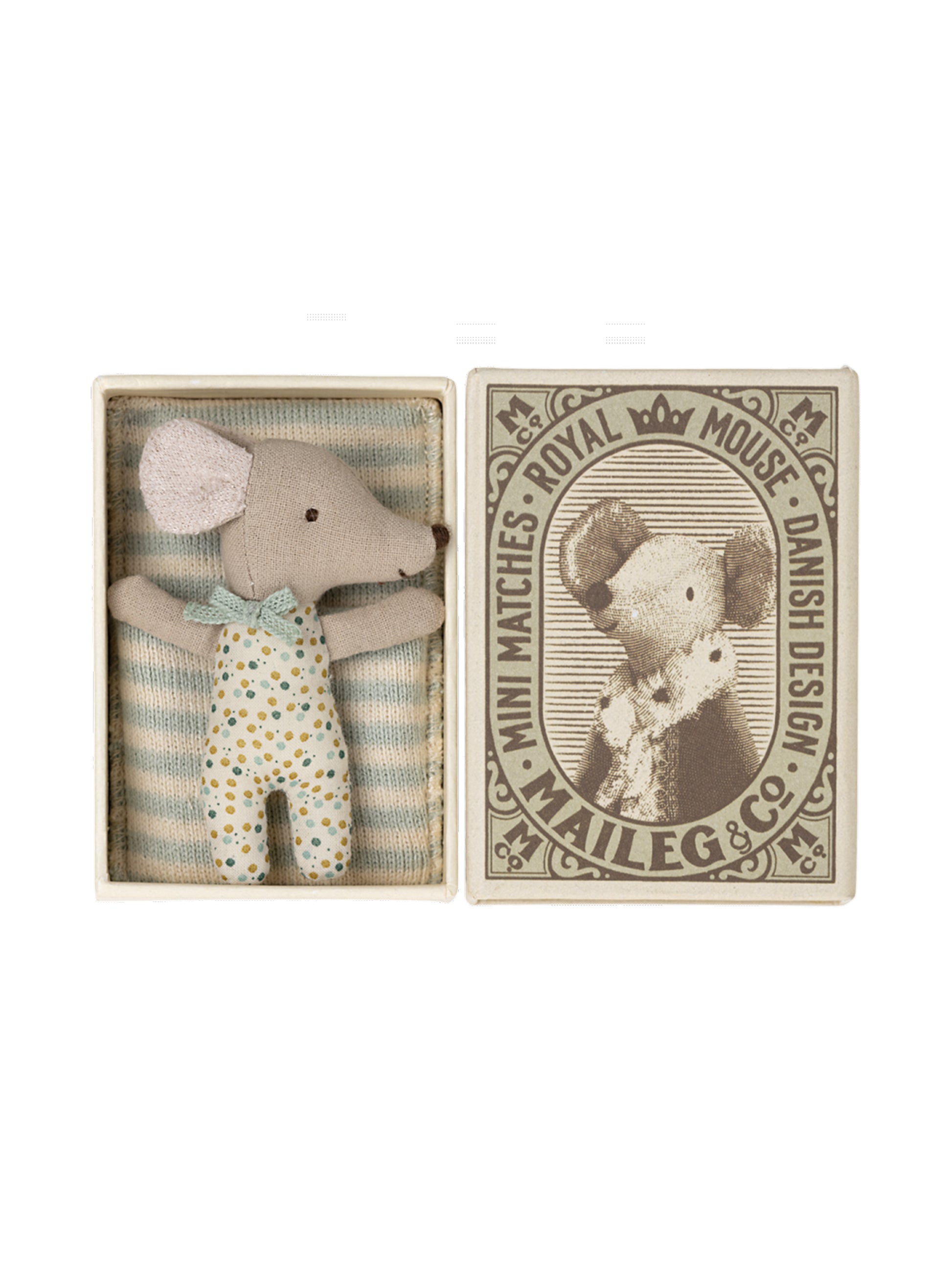 Maileg Sleepy Wakey Baby Mouse in Matchbox Blue Weston Table