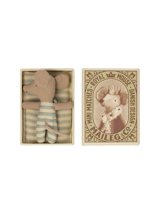 Maileg Sleepy Wakey Boy Baby Mouse in Matchbox Weston Table