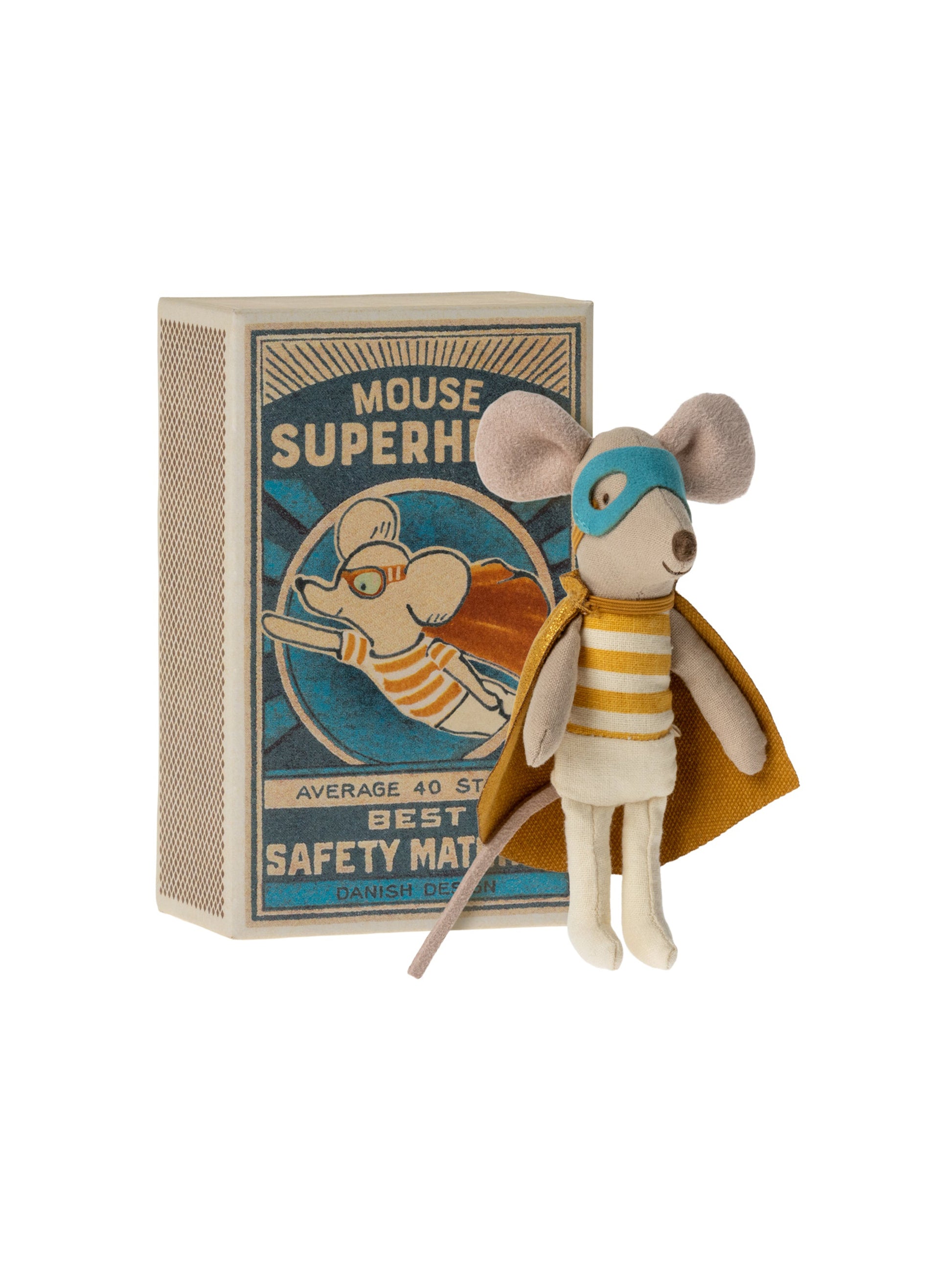 Maileg Superhero Mouse Little Brother In Matchbox Weston Table