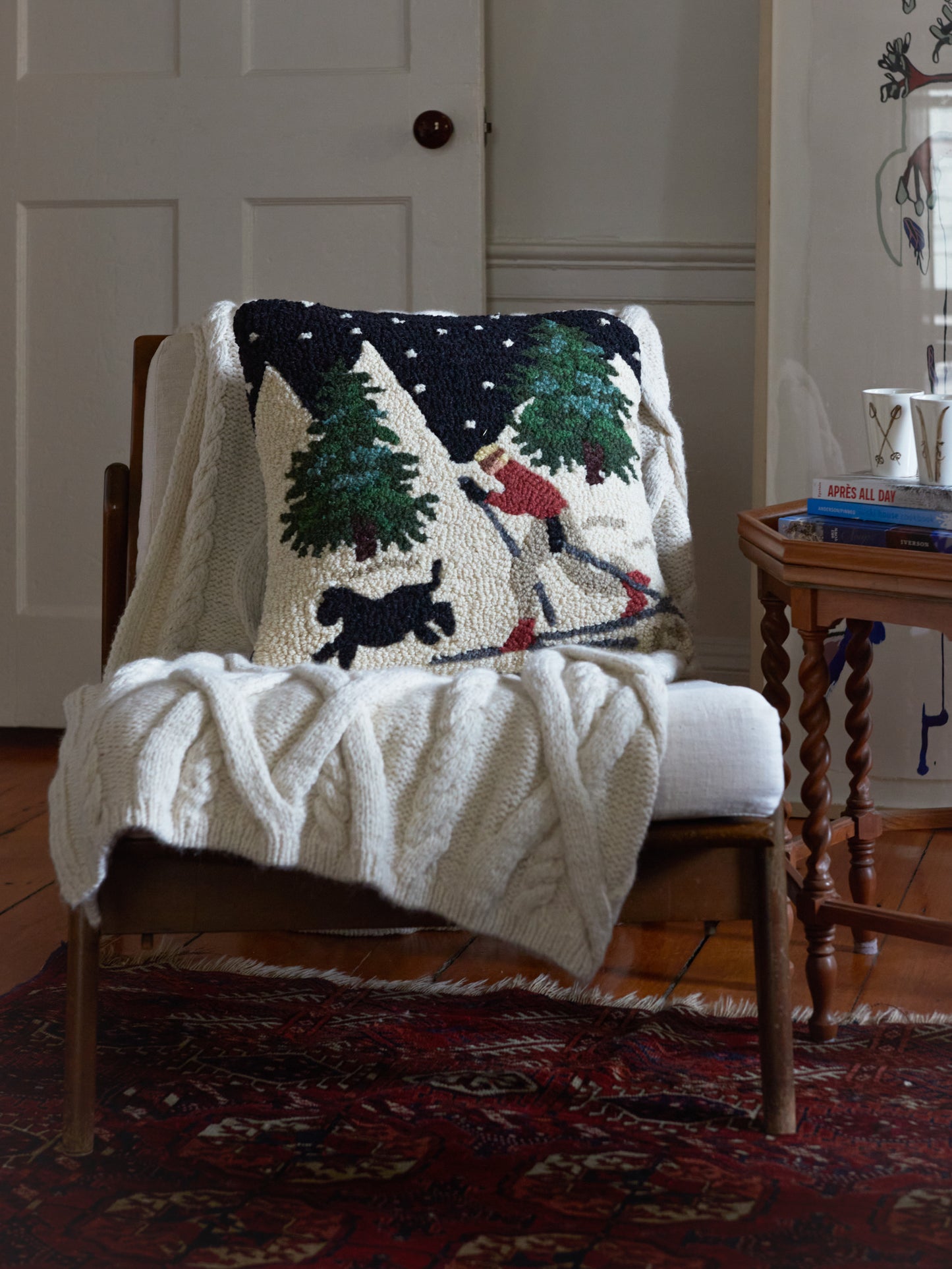 Night Skiing with Dog Hooked Wool Square Pillow Weston table