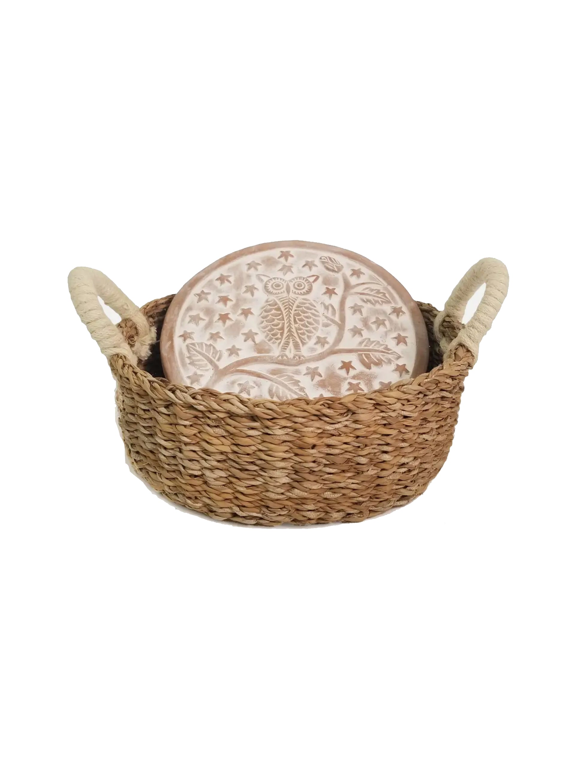 Owl-Bread-Warmer-and-Wicker-Basket-Round-Weston-Table