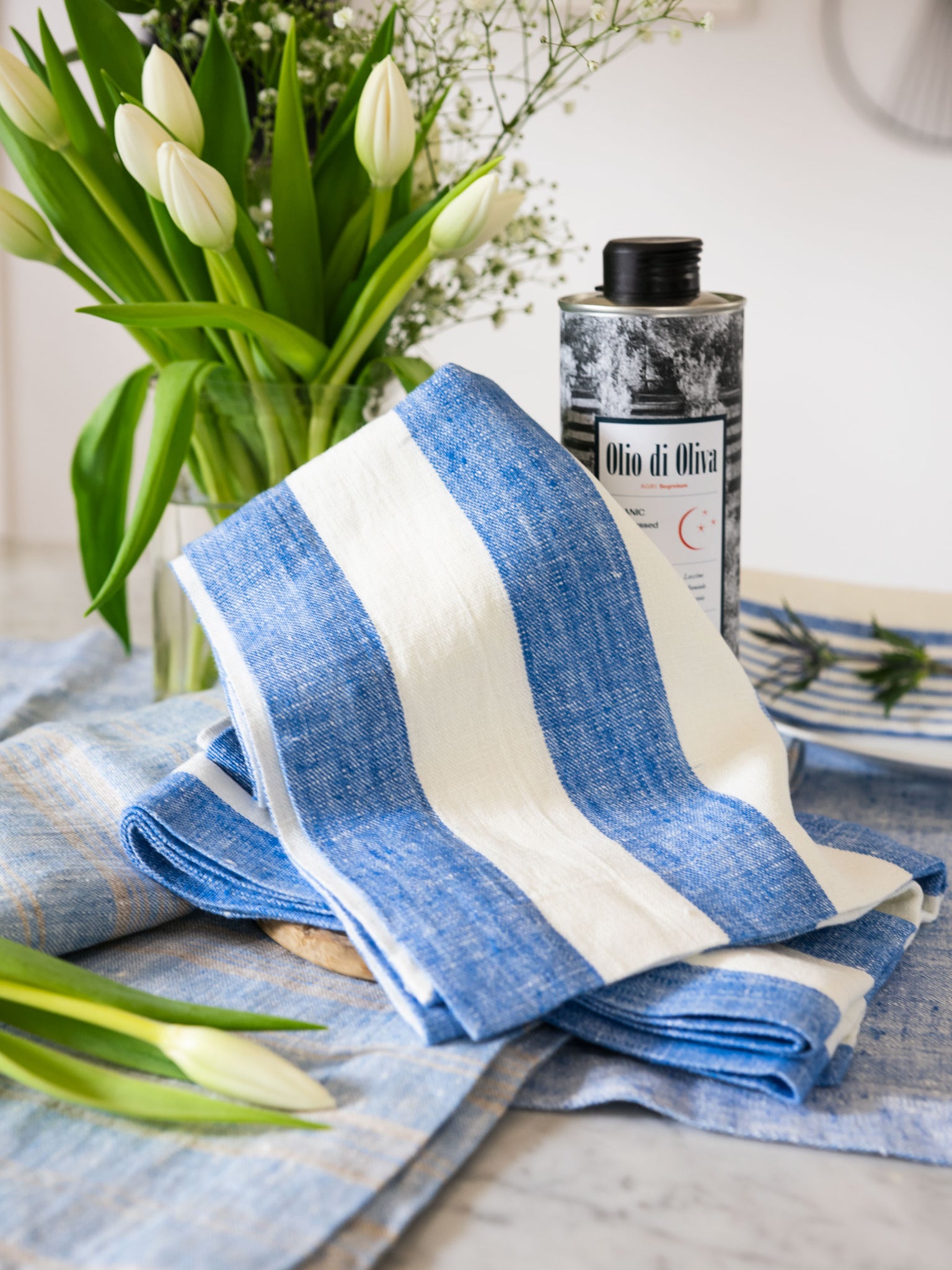 Philippe White and Blue Stripe Tea Towel Set Weston Table