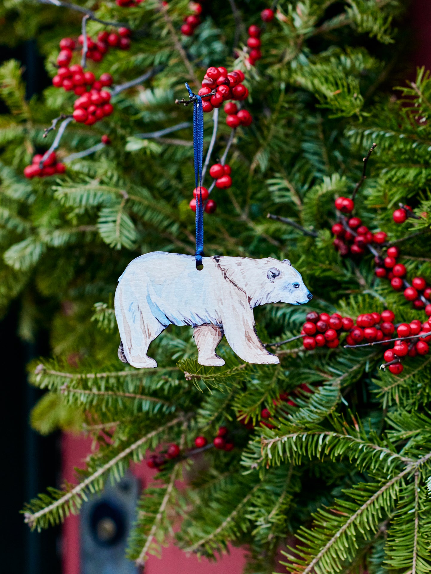 Designocracy Set of 3 Snowy Christmas Tree Polar Bear and Wolf Wooden Ornaments 5.5