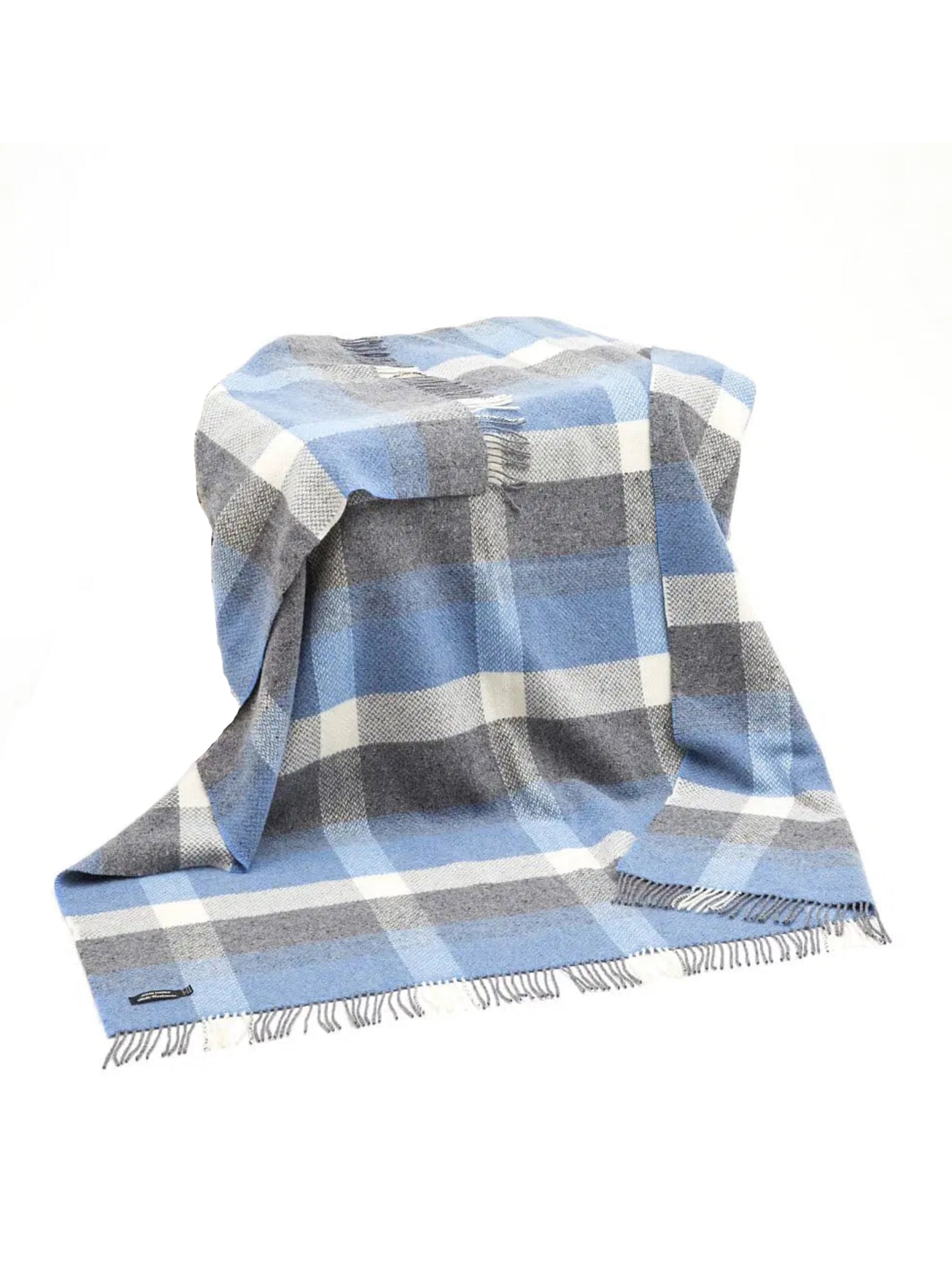 John Hanly Cashmere and Wool Throw Denim Cream & Pale Grey Check Weston Table