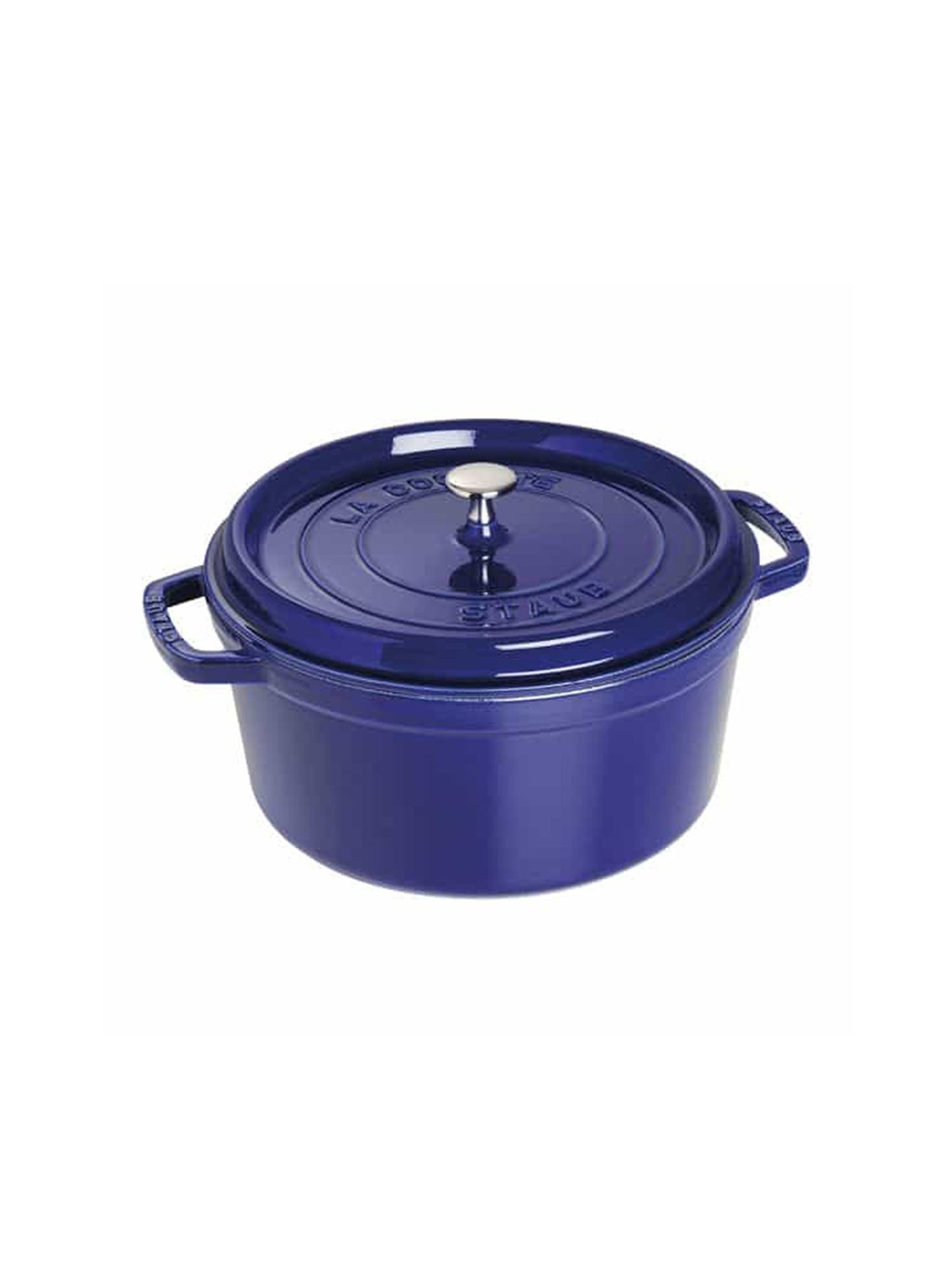 Staub Cast Iron 2.75 Quart Round Cocotte Dark Blue Weston Table