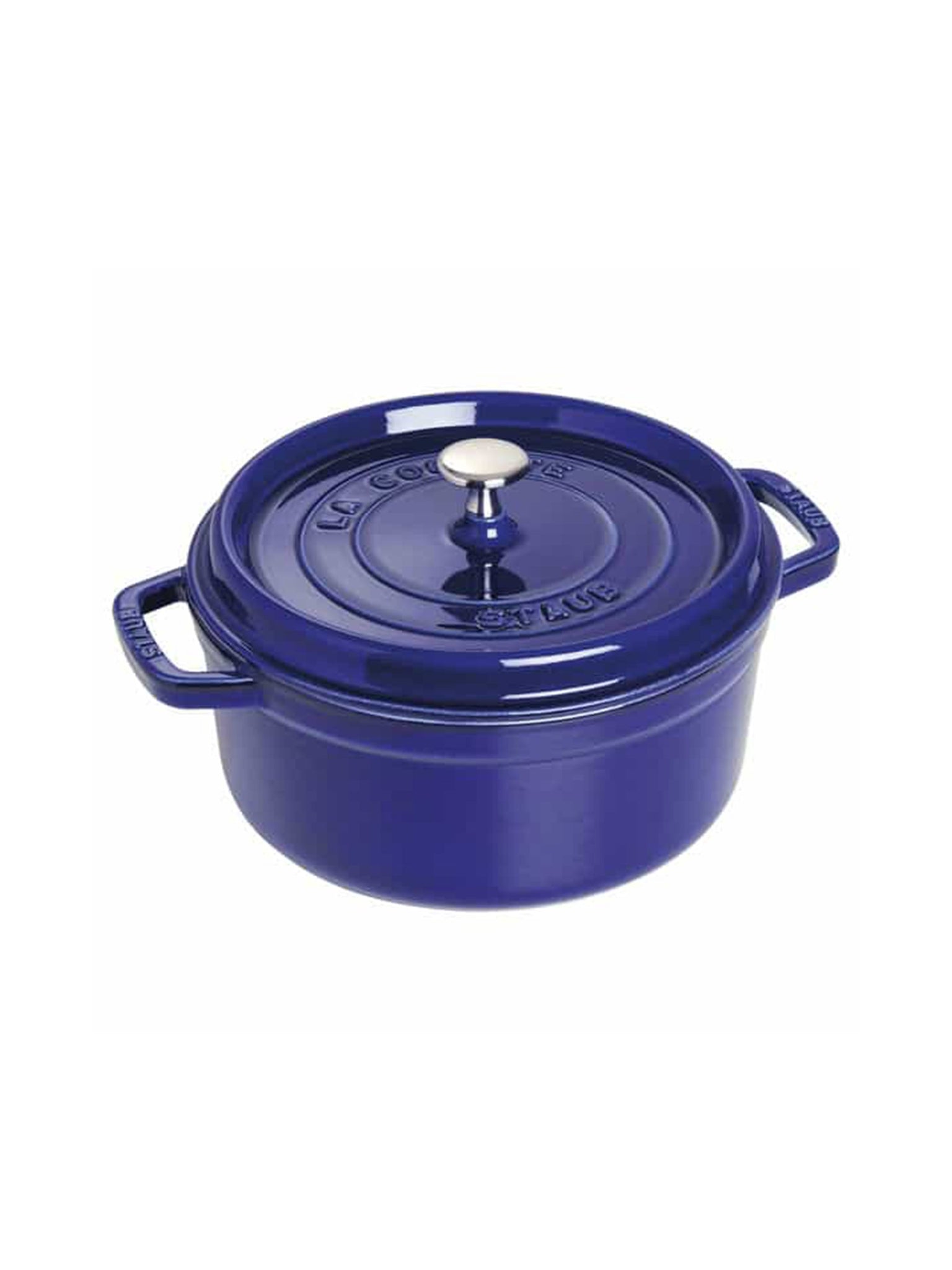 Staub Cast Iron 4 Quart Round Cocotte Dark Blue Weston Table