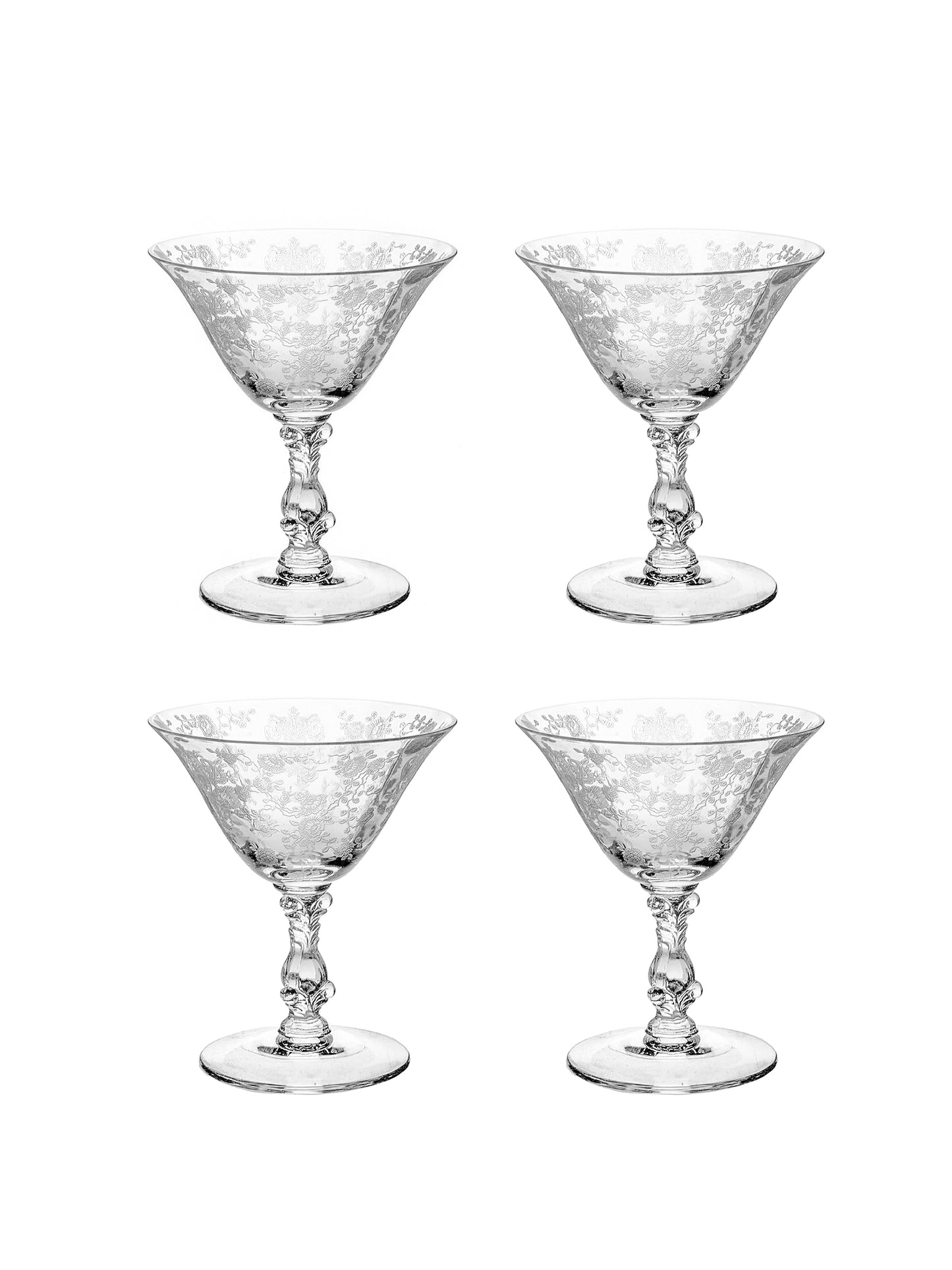 Vintage 1930s Rose Point Cambridge Short Martini Glasses 4 Weston Table