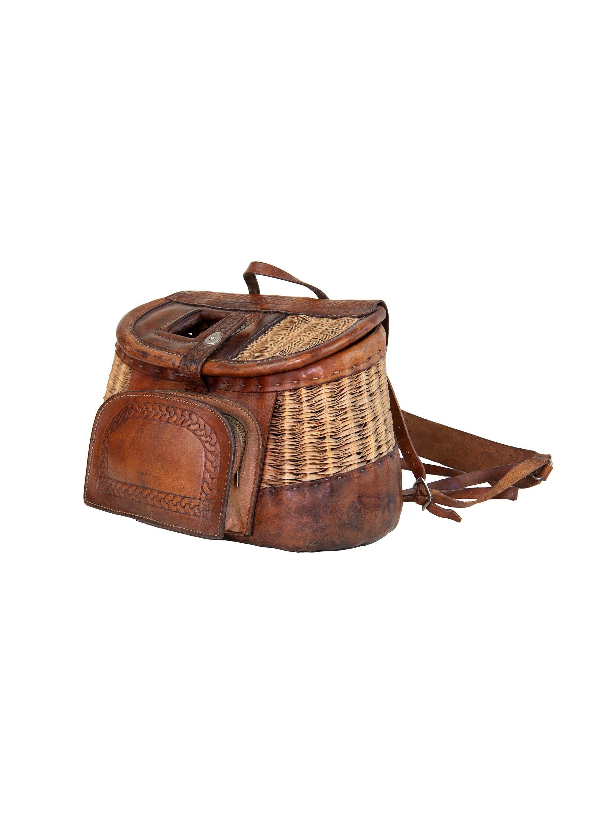 This unusual vintage fishing creel has leather shoulder straps and