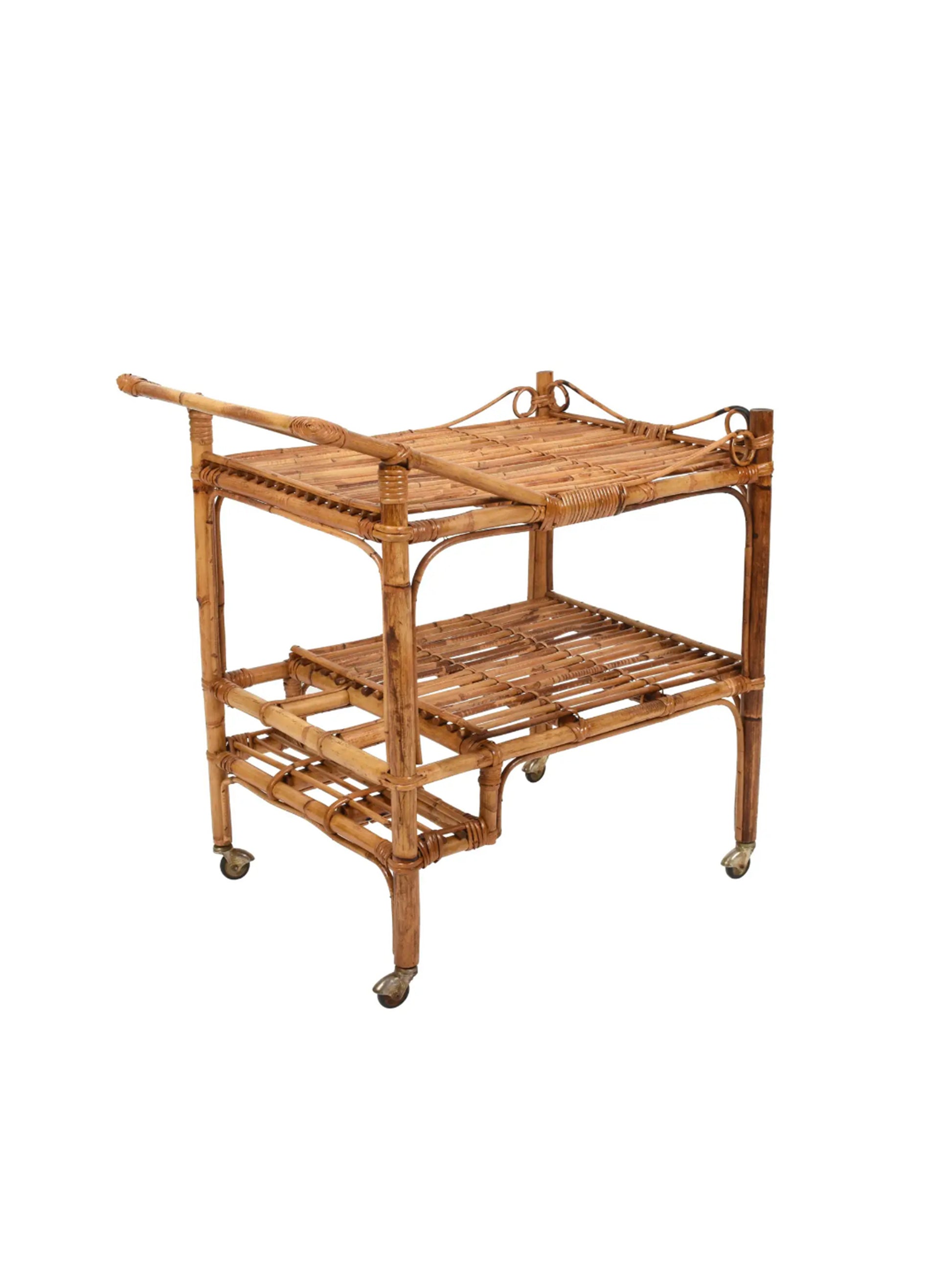 Vintage 1960 2 Tiers French Bamboo and Rattan Bar Cart For Sale at 1stDibs