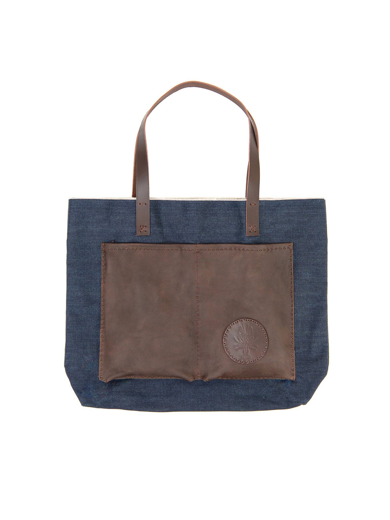 Japanese Selvedge Denim Tote with Leather Pockets Weston Table