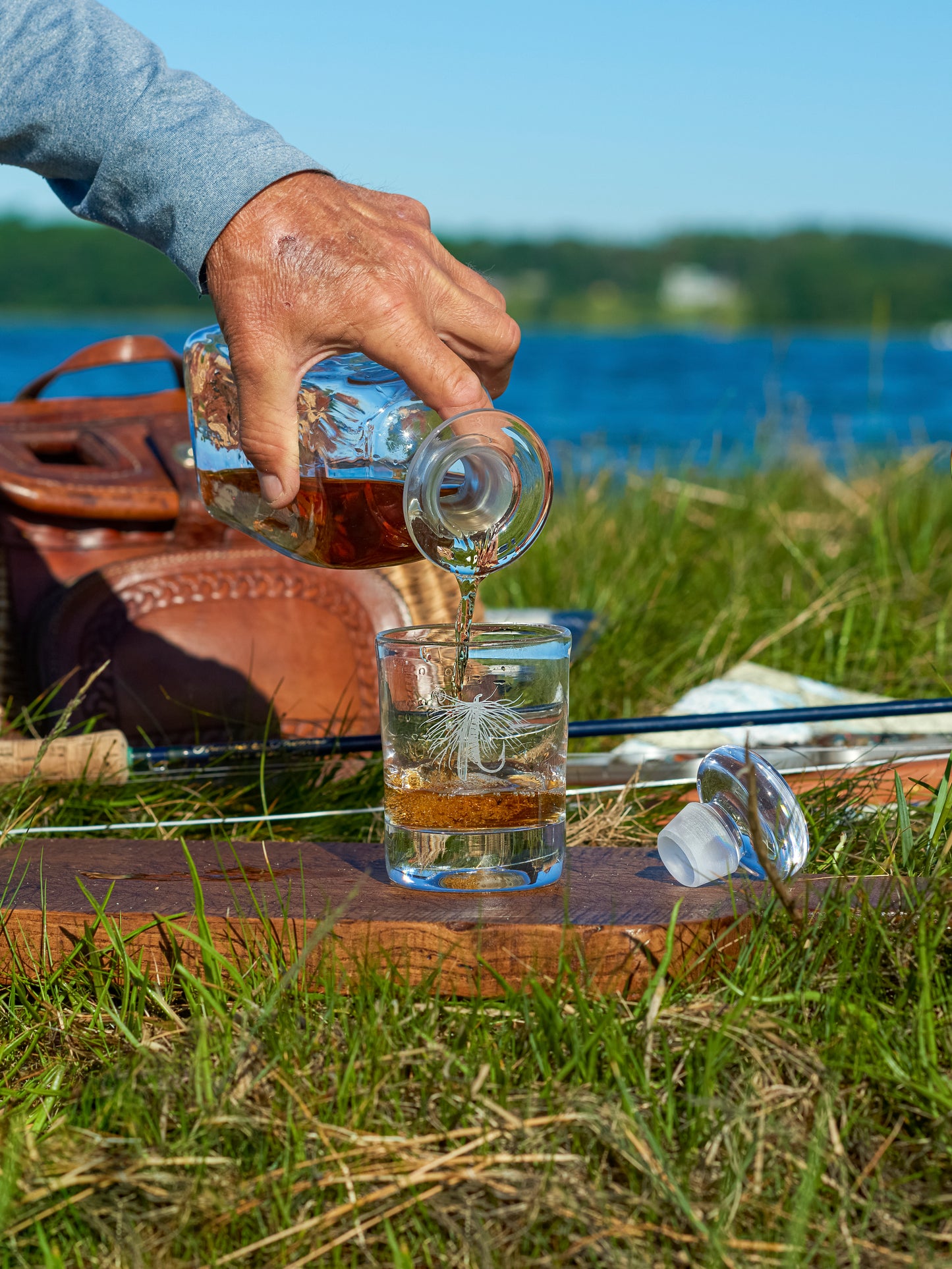 WT Simon Pearce Fly Fishing Ascutney Whiskey Glass Set Weston Table